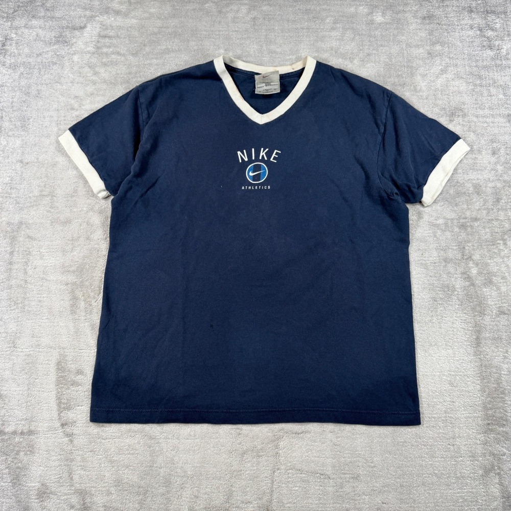 Vintage Nike Shirt Women Medium Blue Ringer V Neck Athletics Swoosh USA Made